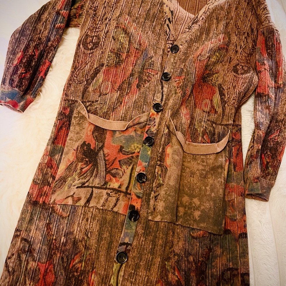Artists Knit Cardigan Duster – Abstract Woodland Print